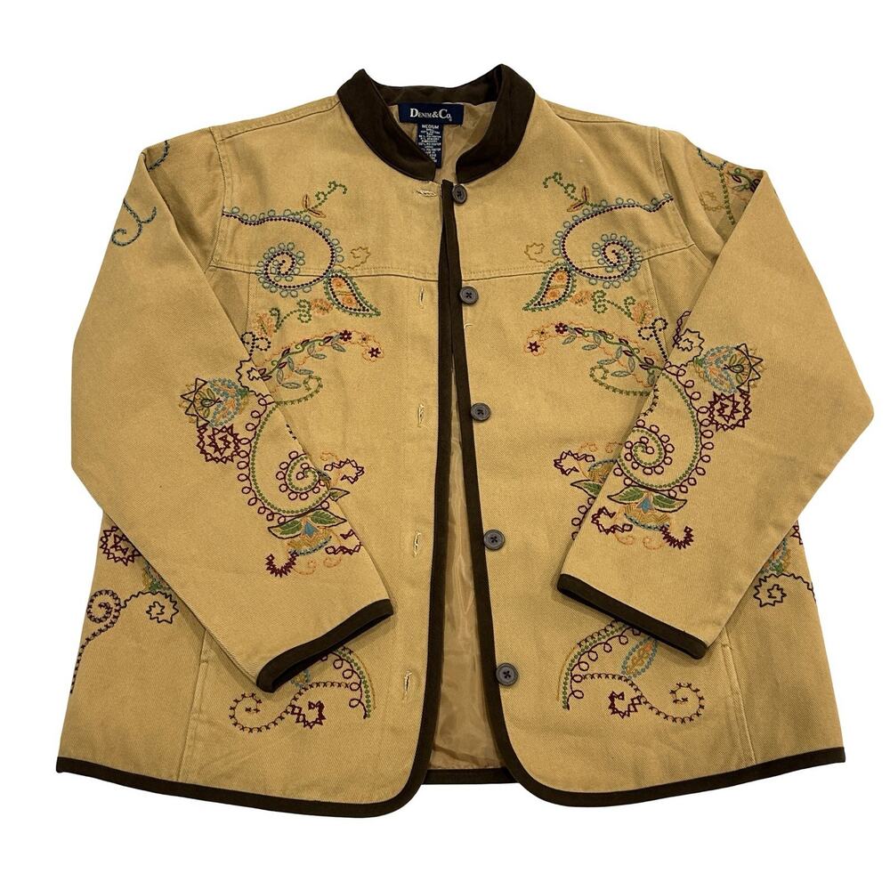 Denim & Co Floral Embroidered Jacket Womens Size M Tan Canvas Austrian Style